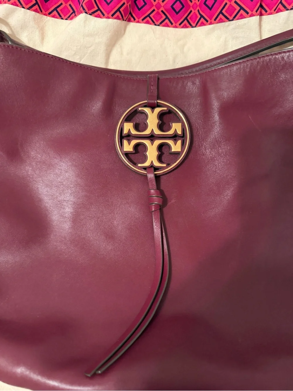 Tory Burch Burgundy (Deep Wine) Miller Leather Hobo Bag with Gold Logo